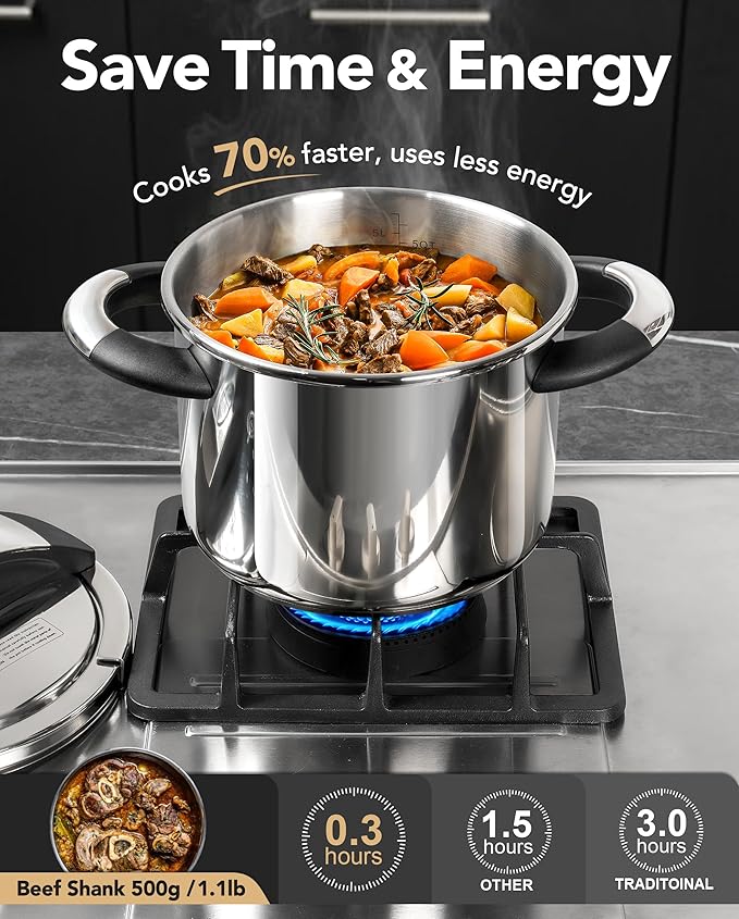 MICHELANGELO Stainless Steel Pressure Cooker 6.3 Quart, 3-in-1 Olla de Presion, One-Hand Locking System, Induction Compatible, with Glass Lid & Steamer