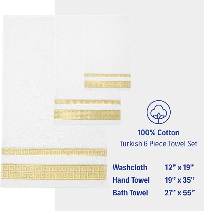 Premium Soft Cotton 6 Piece Towel Set with Greek Key Design – 2 Bath Towels 2 Hand Towels 2 Washcloths, Ultra Absorbent & Quick Dry Bathroom Towels, Turkish Towels for Bathroom, White Towel Sets G02