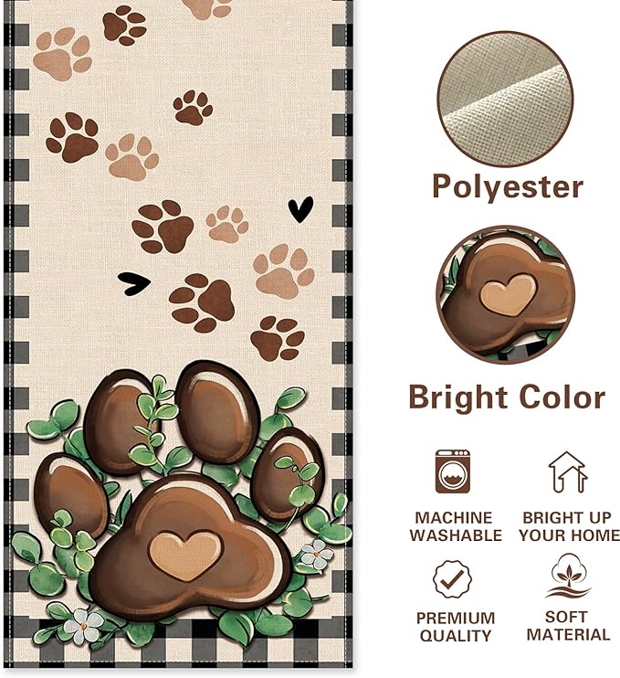 Cat Dog Paw Prints Table Runner, Buffalo Plaid Check Farmhouse Kitchen Dining Table Decoration Pet Lover Gifts, Eucalyptus Leaves Burlap Indoor Outdoor Home Decor Party Supply 13 x 36 Inches