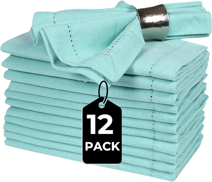 Bedding Craft Cotton Cloth Dinner Napkins Set of 12 – 18x18 Aqua with Hemstitched Mitered Corners – Reusable Machine Washable Napkins for Weddings, Parties & Table Decorations