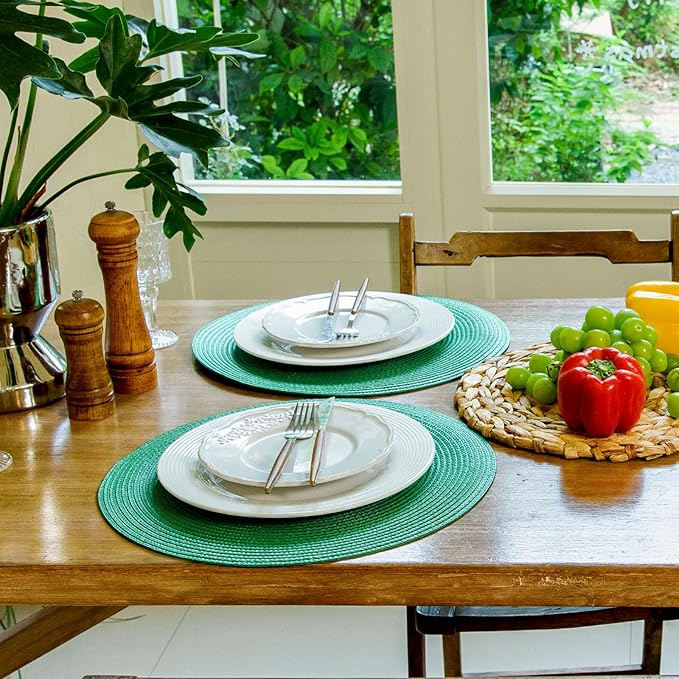 FunWheat Round Braided Placemats Set of 8 Table Mats for Dining Tables Woven Washable Non-Slip Place mats 15 inch(Holly Green, 8pcs)