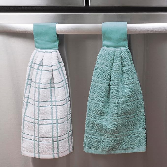 Ritz Premium 100% Cotton Solid and Multi Check Kitchen Tie Towel, Absorbent, Super Soft, and Fast Drying Hang Towel, Set of Two, Dew