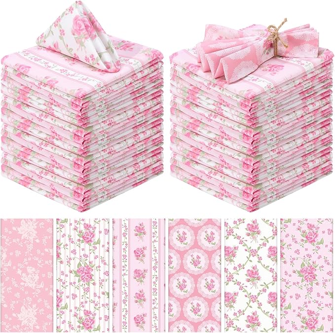 Floral Cloth Napkins 6 Patterns Washable Dinner Tea Party Napkins Reusable Plant Flowers Square Napkin Cotton Towel Decorative for Spring Wildflower Party(Pink Flowers,24 Pcs)