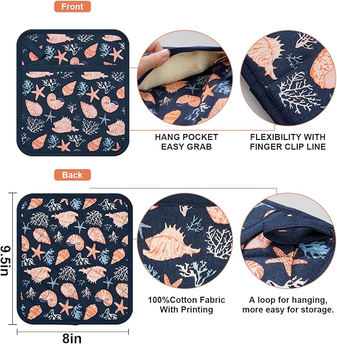Pot Holders Set of 2 Heat Resistant 480℉ Kitchen 100% Cotton Comfortable Lining Printing Cowry Flower Women Men Home Cooking Baking Microwave BBQ Gift (Cowry potholders)