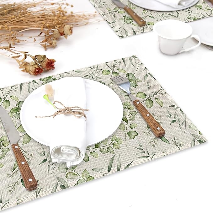 Eucalyptus Leaves Placemats Set of 6 Linen Heat Resistant,Elegant Flower Table Mats Washable Rustic Place Mats Decoration for Home Kitchen Dining Room Party 12x18 Inch
