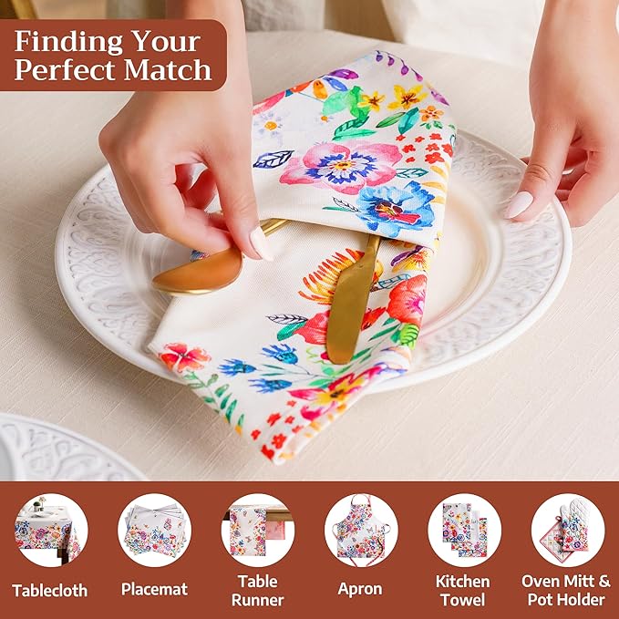 Maison d' Hermine Cloth Napkins Set of 4 100% Cotton Everyday Reusable Square Napkins Cloth Washable Dinner Wedding Gifts for Mothers Day Spring/Summer (Happy Florals - High Summer, 20" x 20")