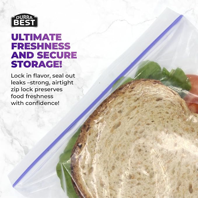 Sandwich Zip Bags - 100 Count | Leak-Proof, Freezer Safe & Reusable Food Storage Bags for Lunch & Snacks | Durable BPA-Free Seal | DURRA BEST