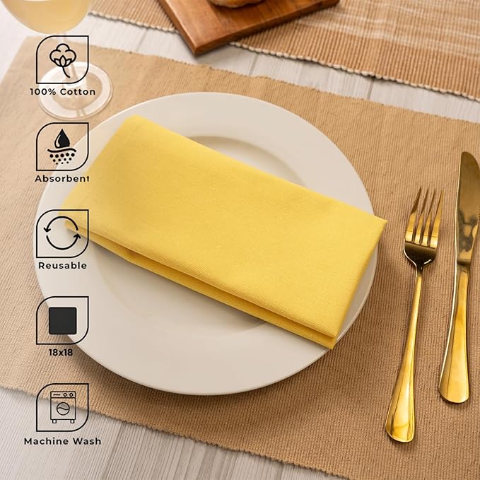 Blue Needles Solid Cloth Napkins Set of 12 Lemon Yellow 100% Cotton Dinner Napkins 18x18 inches - Spring Summer Easter - Soft, Reusable, Absorbent & Washable Linen, Ideal for Parties & Everyday Use
