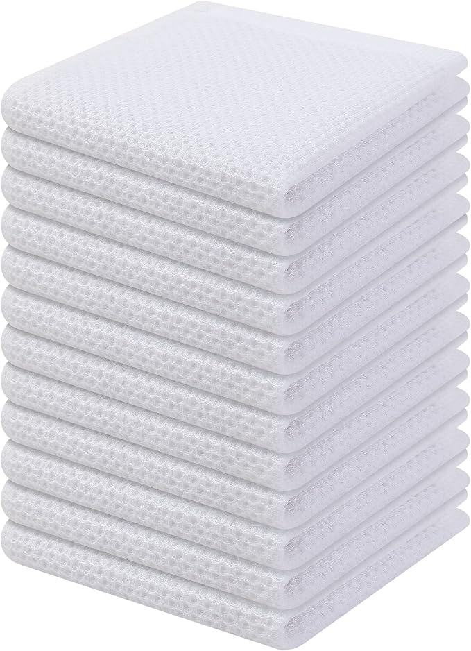 Kitinjoy 100% Cotton Kitchen Dish Cloths (12 X 12 Inches, White), 12 Pack Waffle Weave Ultra Soft Absorbent Dish Towels for Drying Dishes Quick Drying Kitchen Towels Dish Rags