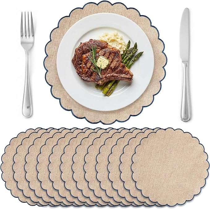 Set of 12 Blue Beige Cotton Placemats 15 Inch Round Scalloped Embroidery Placemats Washable Double Layered Rustic Table Mat Fabric Napkins for Wedding Table Decor
