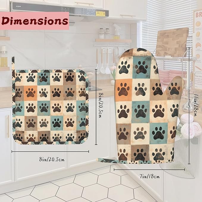 Cute Paw Print Heat-Resistant Silicone Oven Mitts and Pot Holder 4 Piece Set,Vintage Non-Slip Kitchen Oven Gloves for Baking, BBQ, Cooking,Grilling