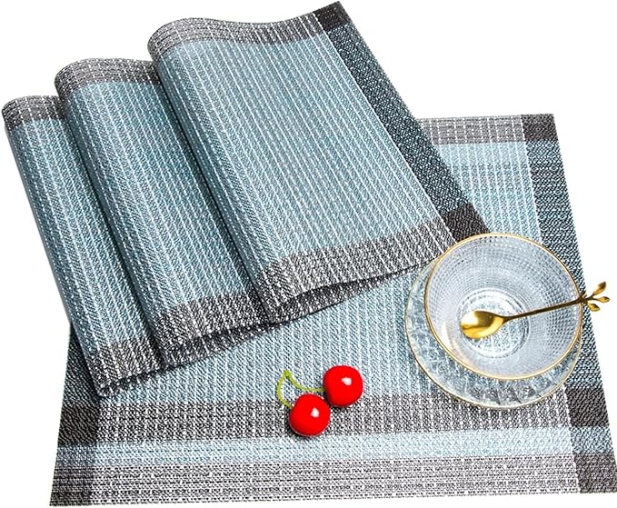 Niviy Blue Grey Ethnic Boho Placemats Set of 4, 12x18 Inch Linen Burlap Washable Durable Art Table Mats for Holiday Party Kitchen Dining Room Decoration