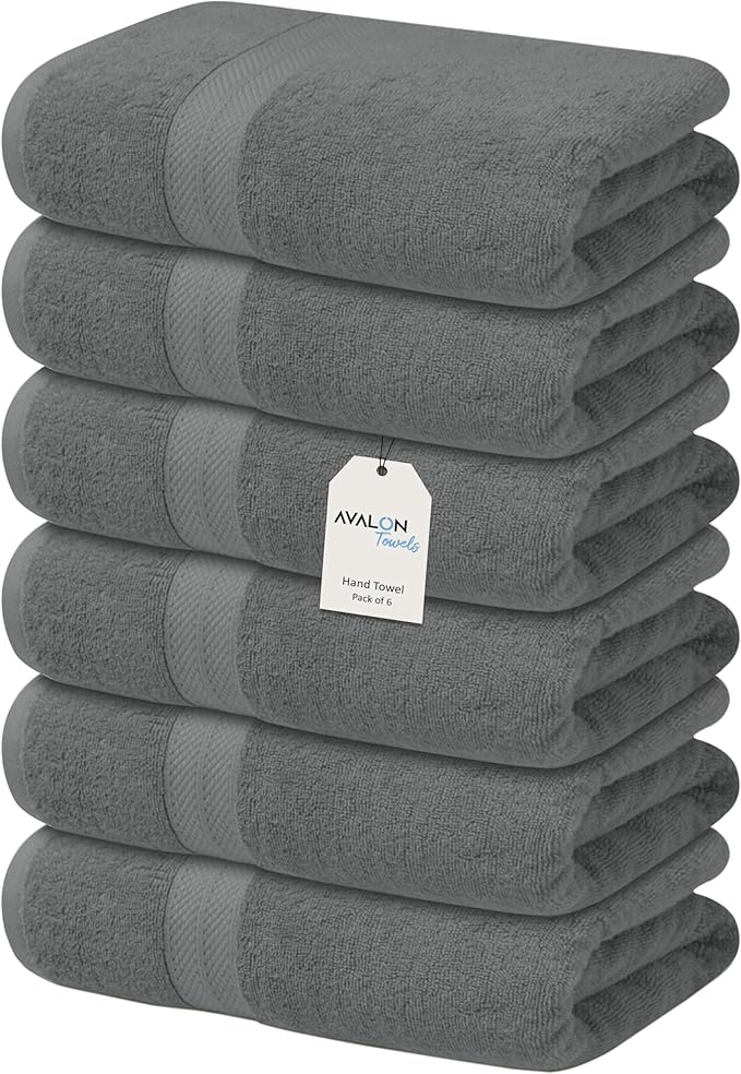 Avalon Towels Luxury Hand Towels (Pack of 6) Size 16x28 Inches - Premium Cotton, Soft and Highly Absorbent Hand Towels for Bathroom, 600 GSM Face Towels, Hotel & Spa Quality, Quick Dry (Grey)