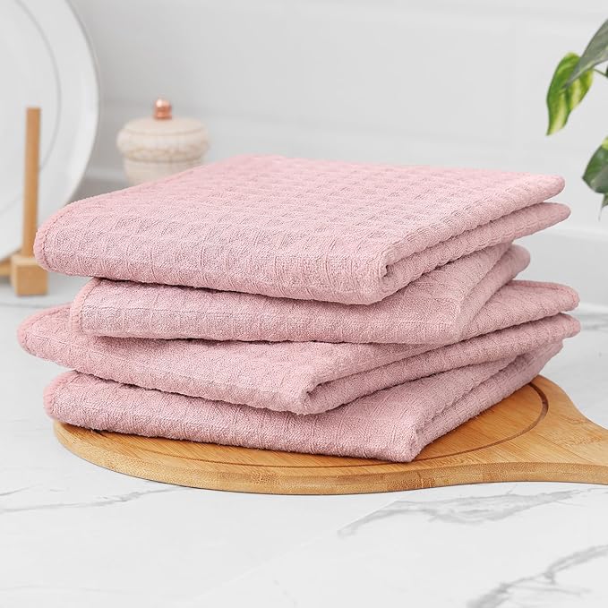 Homaxy Microfiber Waffle Weave Kitchen Towels Set, (16 x 28 & 12 x 12 Inch, Pink) Ultra Absorbent and Solid Color Dish Towels, 8 Pack, Pink
