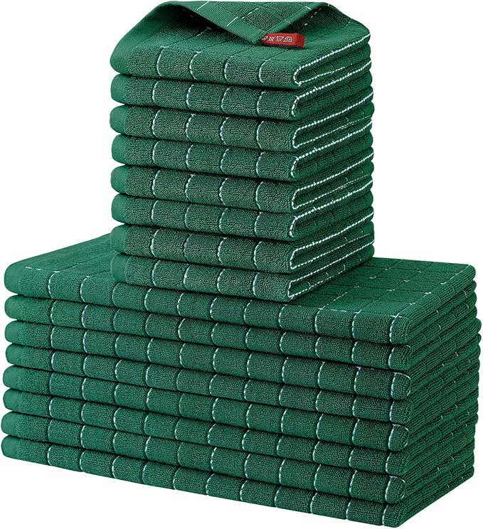 Homaxy Kitchen Towels and Dishcloths Set, 12 x 12 and 13 x 28 Inches, Set of 16 Bulk Cotton Terry Kitchen Towels Set, Checkered Designed, Soft and Super Absorbent Dish Cloths, Dark Green