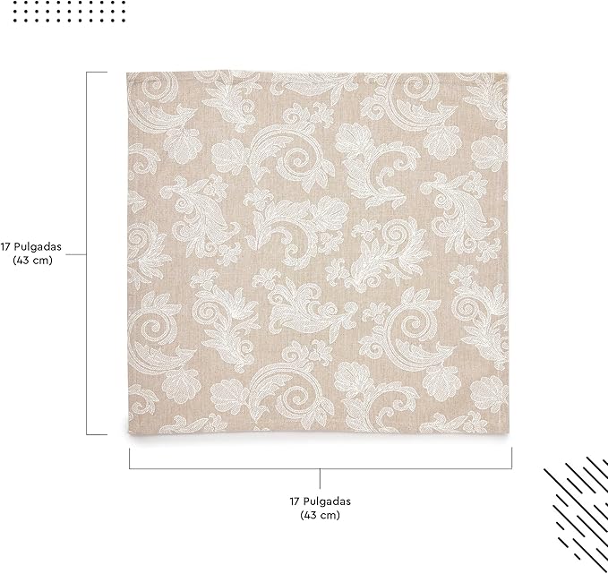 Encasa XO Beige Cloth Napkins Set of 12, 18x18 in | Floral Jacquard Homespun Cotton Dinner Napkins | Washable & Reusable Wedding Napkins for Holiday Dining, Parties, & Everyday Table Décor