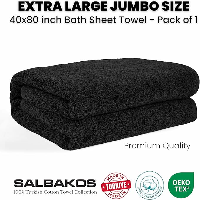 SALBAKOS Luxury 100% Turkish Cotton Bath Sheets 40x80 in Oversized Extra Large Bath Towels | Premium Hotel Quality Thick Soft Absorbent Turkish Towel for Spa Beach (Pack of 1, Black, Jumbo Bath Sheet)