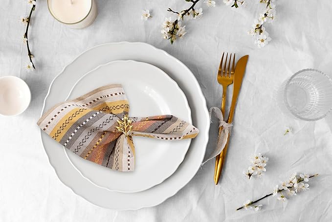 ACCENTHOME 100% Cotton Salsa Stripe Napkin Set of 12 18x18 inch Beige/Mustard Multicolour Dinner Napkins - Washable Soft Premium Hotel Quality Reusable Perfect Table Linen for Family Dinners Wedding