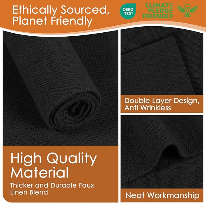 MANSPHIL Black Cloth Placemats Set of 6 Double Layer Thick Fabric Table Mats Faux Linen Place Mats Heat Resistant Washable Wrinkle Free Dining Kitchen Table Decor, 13x19 Inch Oeko Tex Placemat