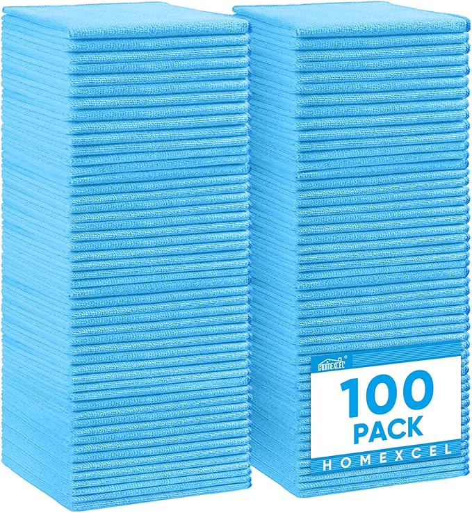 HOMEXCEL Blue Microfiber Cleaning Cloth 100 Pack, Microfiber Towel for Cars, Lint Free, Scratch-Free, Highly Absorbent, and Cleaning Rags for House, Window and Glass, Cars, TV Screen 11.5 X11.5 inch