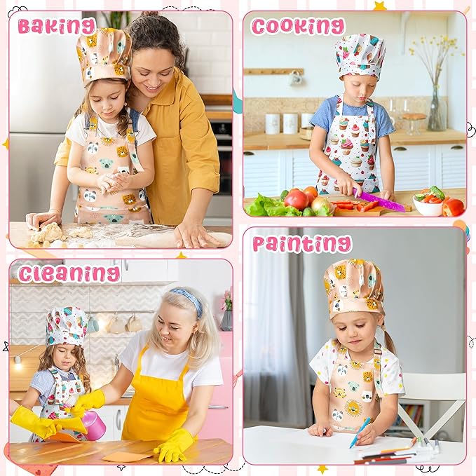 GROBRO7 4Pcs Kids Apron and Chef Hat Set Gift for Girls Boys, Cupcake Animal Prints Adjustable Kitchen Cooking Child Aprons with 2 Pockets Waterproof Smocks for Baking Painting Crafting