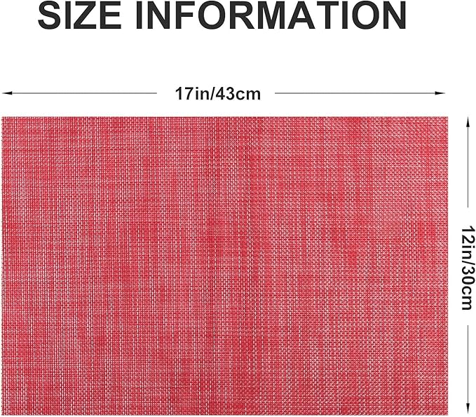Vinyl Placemats Set of 8, PVC Woven Washable Non-Slip Table Mats, Heat Resistant Wrinkle Free Place Mats for Dining Table, Easy to Clean (8, Red)
