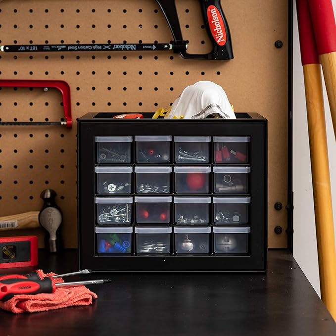 IRIS USA Small Plastic Storage Drawers, Made in USA, 16-Drawer Organizer, Stackable Teacher Toolbox for Crafts, Crayons, Beads, Screws, Hardware, Building Bricks, Desk & Garage Storage – Black