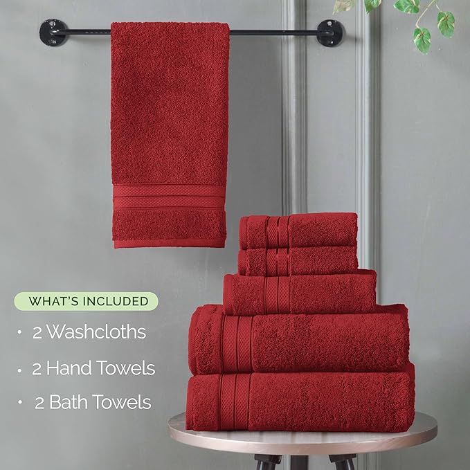 Elegant Comfort Luxury 6-Piece Towel Set, Premium Soft 100% Turkish Cotton, Three Line Popcorn Design 2 Bath Towels, 2 Hand Towels and 2 Washcloths Towel Set - Quick-Drying and Absorbent, Burgundy