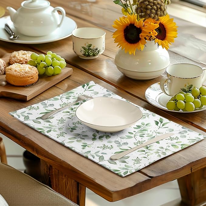 Sage Green Eucalyptus Leaves Placemats Set of 4 Spring Summer Watercolor Leaf Table Mats 12x18 Inch Seasonal Holiday Rustic Farmhouse Linen Fabric Place Mat for Kitchen Dining Decor