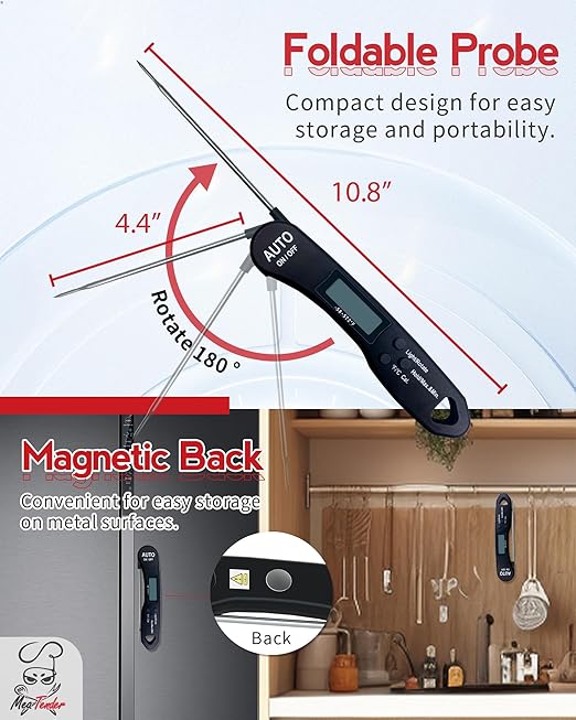 Instant Read Meat Thermometer, 1.2s Fast Read, ±1°F Accuracy, -58°F to 572°F, 4.4" Foldable Probe, 0 °C Calibration, Min/Max (Session), Auto-Rotating Backlit Display, °F/°C, Magnetic Back, Auto-Off