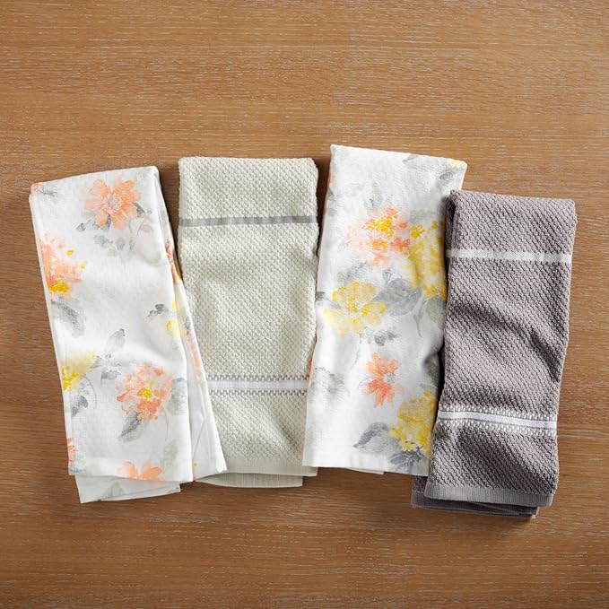 Martha Stewart Amber Floral Kitchen Towel Set 4-Pack, Yellow/Coral, 16"x28"