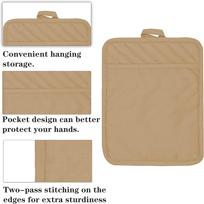 Oven Pot Holder with Pocket Cotton Heat Resistant Coaster Potholder Kitchen Hot Pad Oven Mitts for Cooking Square 7"x9"Set of 5 (Khaki)