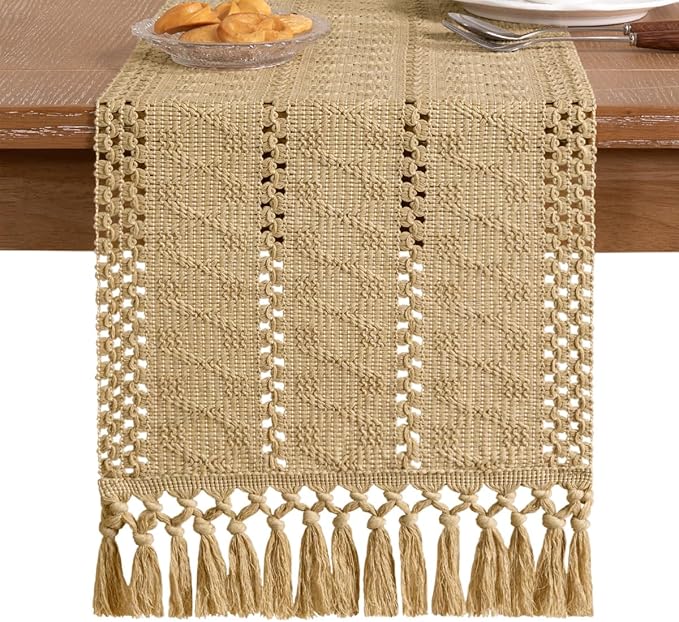 Socomi Boho Table Runner Easter Spring Farmhouse Rustic Dining Kitchen Centerpiece Decor Small Macrame Woven Cotton Linen Coffee Table Runner for Dresser Scarf Home Decor 12x48 inch Champagne