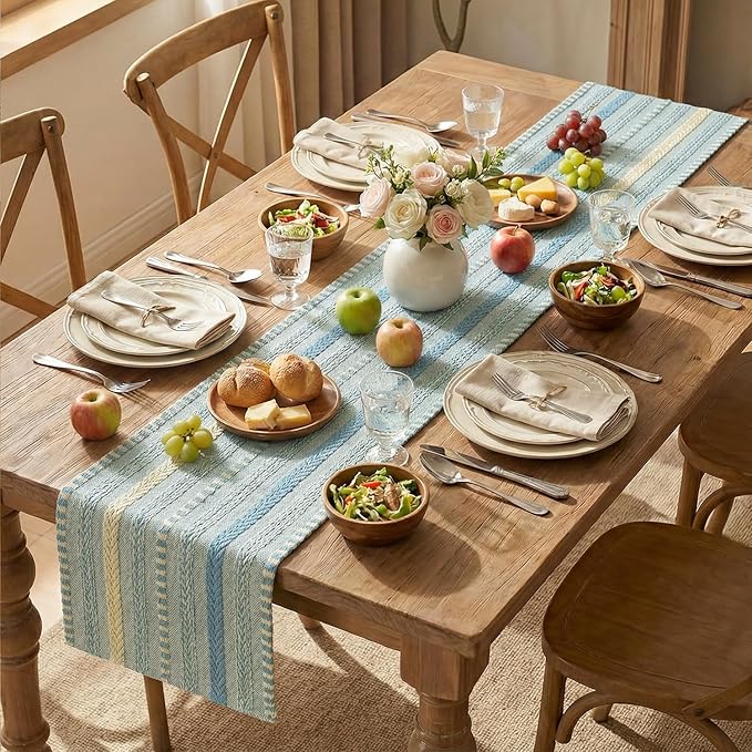 Artoid Mode Sky Blue Farmhouse Woven Table Runner, Seasonal Holiday Rustic Kitchen Dining Table Decoration for Home Party Decor 12x72 Inch