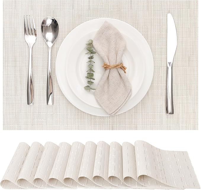 Myir JUN Placemats Set of 10, Vinyl Woven Placemats Place Mats Indoor Set of 10 Washable Table Mats Non-Slip Place mats for Dining Table (B-Off White)