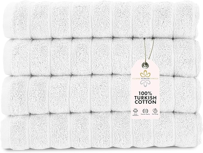 Classic Turkish Towels CTT Luxury Hand Towels for Bathroom Set of 4, 100% Turkish Cotton, Quick Dry & Comfy Towels for Hotel & Spa, Highly Absorbent | 20"x32" (White)