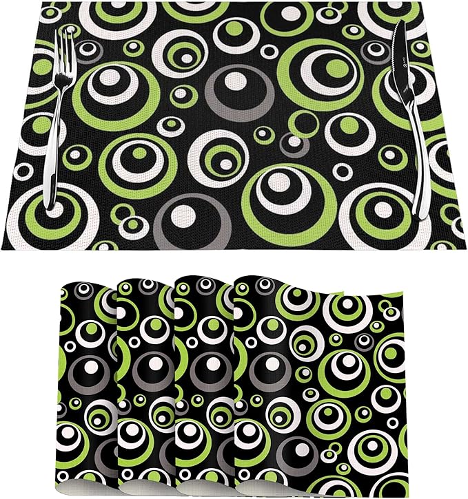 Black Green Geometric Circles Linen Placemats Set of 4, Washable Heat Resistant Green Table Mats for Dining Table Kitchen Wedding Farmhouse Party Coffee Shop, Modern Home Decor, 12" x 18" Place Mats