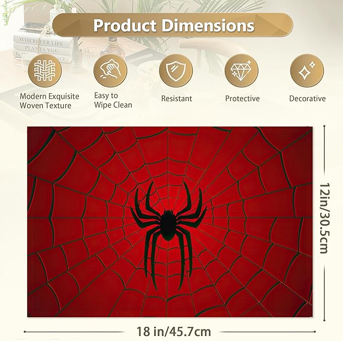 Red Spider Web Placemats Set of 6,12x18 Inch Table Mats for Kitchen Table Washable Farmhouse Linen Table Mats Dining Decoration