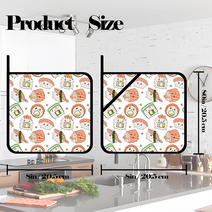 Cute Sushi Doodle Pot Holders 2 PCS,Kitchen Heat Resistant Potholder for BBQ Cooking Baking,Food Hot Pad for Women Men