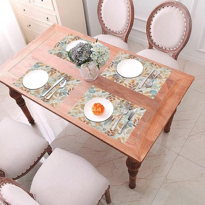 Fall Colourful Leave Placemats 12x18 Inch Set of 4, Beige Eucalyptus Leaves Table Place Mat Seasonal Autumn Washable Table Mats Decorative Linen Fabric Table Mat for Dining Table