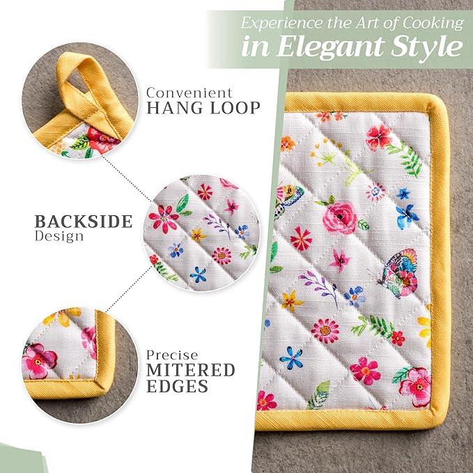 Maison d' Hermine 100% Cotton Oven Mitt & Pot Holder Set (7.5"x13" & 8"x8") Heat Resistant BBQ Cooking Gloves with Loop Kitchen Gifts for Mothers Day Spring/Summer (Happy Florals - Sweety)