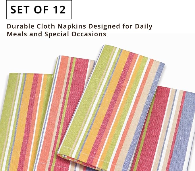 PurpleEssences Plain Striped Cloth Napkins - Set of 12-100% Cotton - 18 x 18 Inch - Spring Easter Summer and Perfect Everyday Use Dinner Napkin - Multi Color