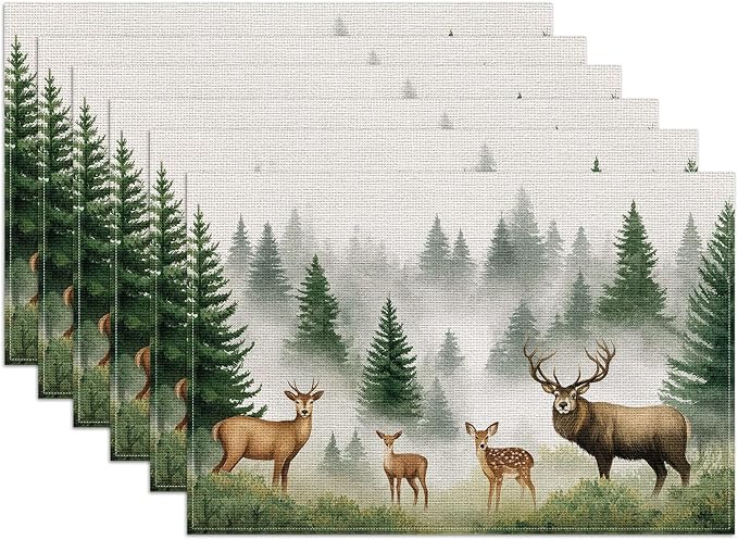 Misty Forest Deer Placemats Set of 6, Watercolor Tree Linen Place Mat Washable Stain Resistant Table Mats for Kitchen Dining Holiday Party 12x18 Inch