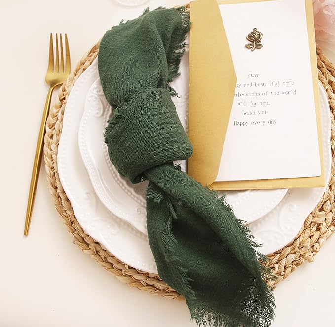 Cloth Napkins with Fringe Set of 12,100% Natural Soft Cotton,Spring Washable Gauze Napkins for Wedding Decorative, Dinner Parties, Bridal Shower Baby Shower, Dark Green