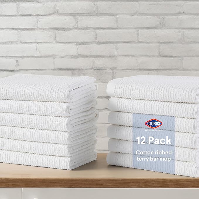CLOROX Ribbed Bar Mops - 100% Cotton Quick Dry Extra Large Dishcloths - Absorbent Multipurpose Cleaning Cloths for Restaurants, Kitchen, Bathroom, Hotel - 16" x 19" - White 6 Pack