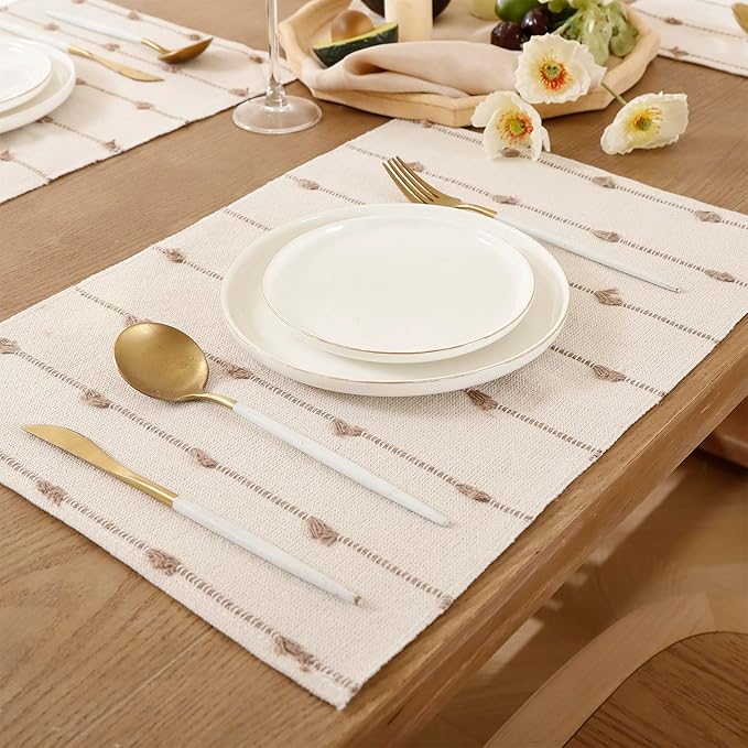 Boho Placemats 13 x 19 Inch Set of 4 for Dining Table Decor Woven Cloth Place Mats for Farmhouse Rustic Kitche Spring Home Decor Cotton Placemats Khaki and Beige Table Mats
