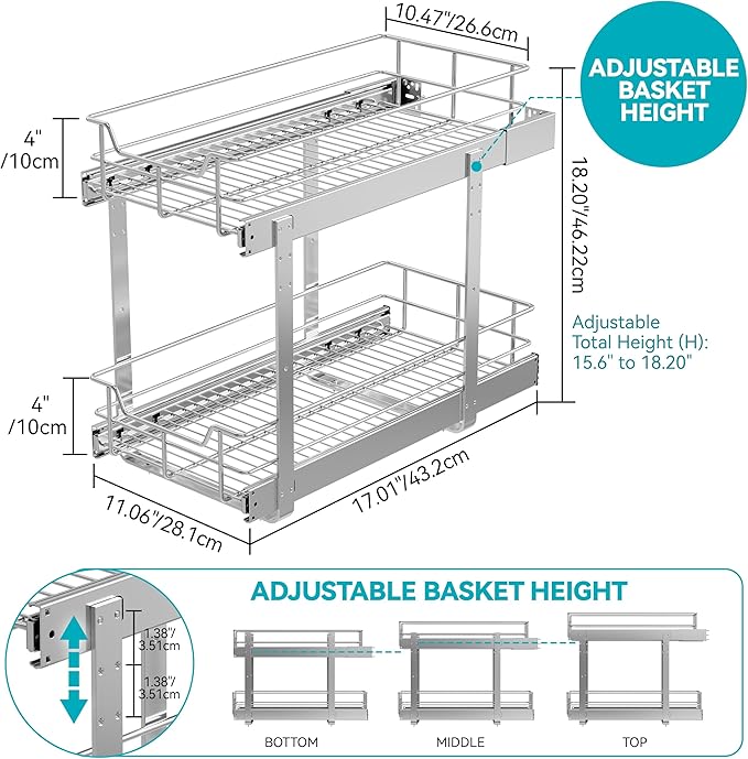 2 Tier Pull Out Cabinet Organizer 11" W X 22" D, Slide Out Drawers For Kitchen Cabinets, Pull Out Drawers For Cabinets Capacity Heavy Duty Caddy, Cabinet Pullout Shelves Chrome-Plated, Bathroom Pantry