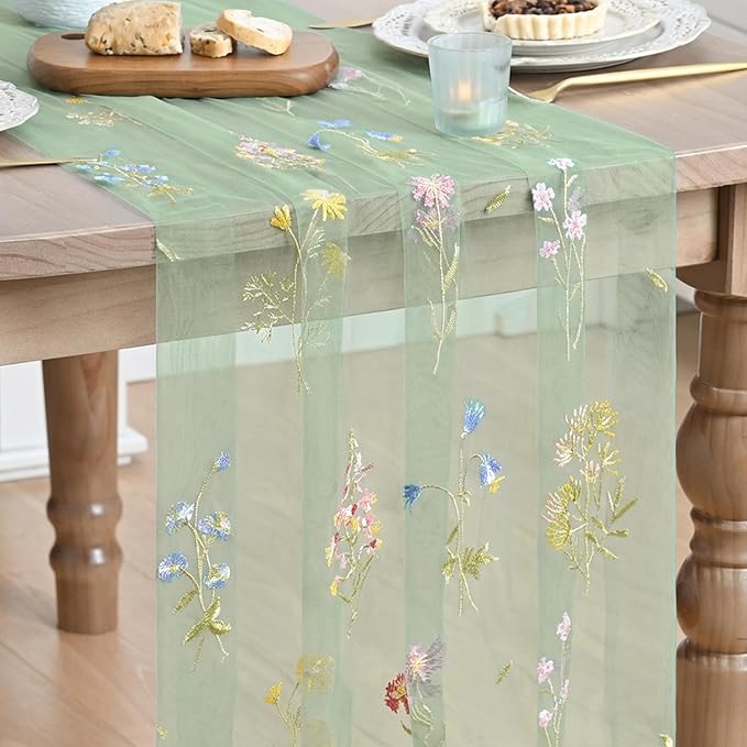 Artoid Mode Wildflower Floral Sage Green Gauze Embroidery Table Runner 120 Inch 10FT, Tulle Seasonal Spring Kitchen Dining Table Decor for Home Party