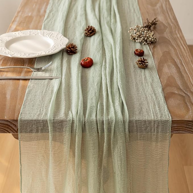 Keketoarrange 6pcs Sage Green Spring Easter Cheesecloth Table Runner 120 Inch 10 FT Rustic Boho Cheese Cloth Runner for Wedding Baby Shower Bridal Shower Sheer Gauze Centerpiece Home Decorations