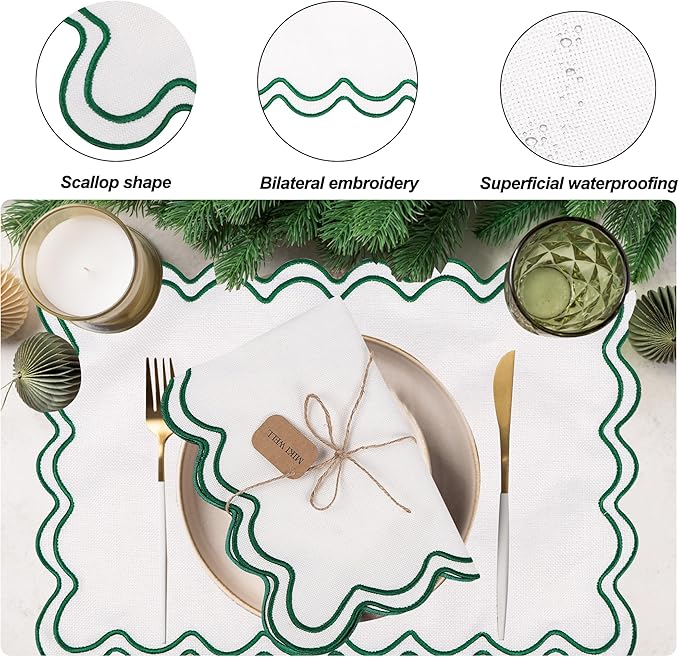 Set of 6 Cotton Linen Placemats, 13''x 19'' Wavy Embroidery Scalloped Placemats Washable Rustic Dinner Waterproof Table Mats (Green)